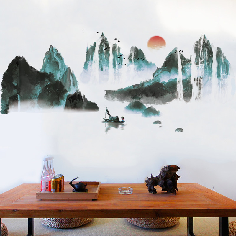 书房山水墙画墙面面墙壁纸自粘贴画客厅装饰墙贴