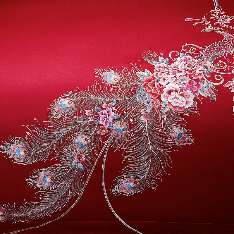 高端婚庆床上用品结婚四件件套红色中式刺绣绣花婚庆床品套件