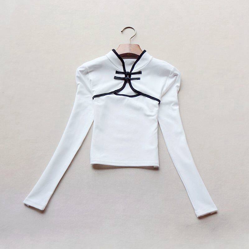 春秋旗袍恤女短款肚脐女露上衣女装空盘镂空t恤