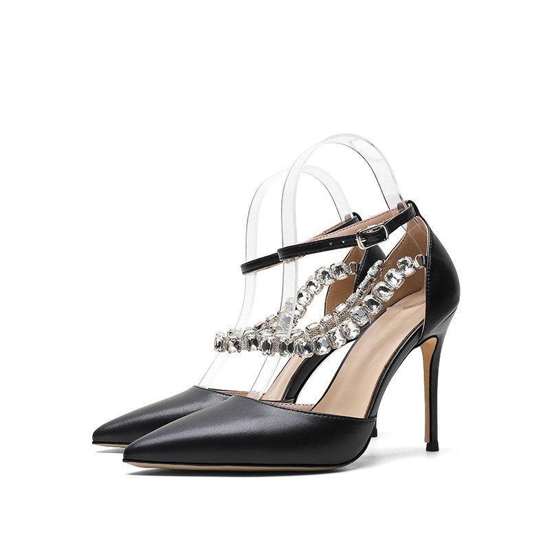 2021夏季新款中空尖头包头凉鞋水钻链条超细一字带凉鞋