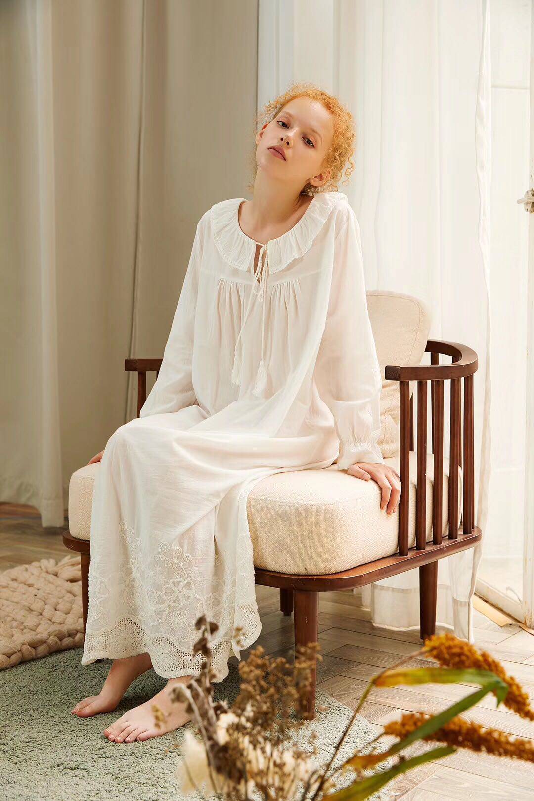 春夏夏秋纯棉重工刺绣绣花裙摆睡衣超长复古睡衣