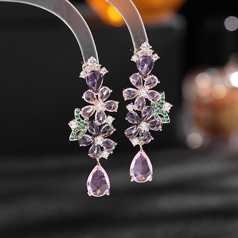 彩色水晶水晶花花朵耳环夏季新款小清新耳饰个性耳环