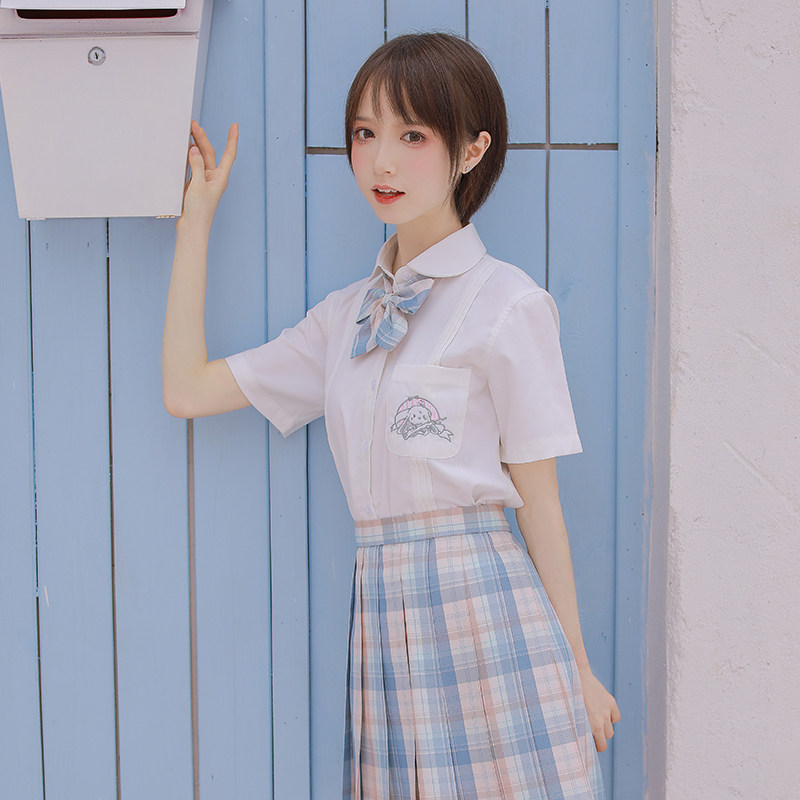 羽毛峰原创jk制服短袖白衬衫学院风百搭宽松上衣萌款机关兔