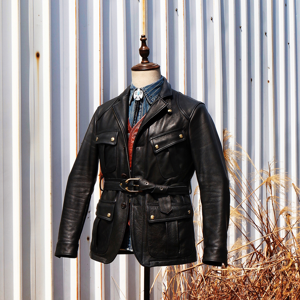 新西兰无涂水染鹿皮多口袋复古猎装夹克中长款男士真皮机车皮衣