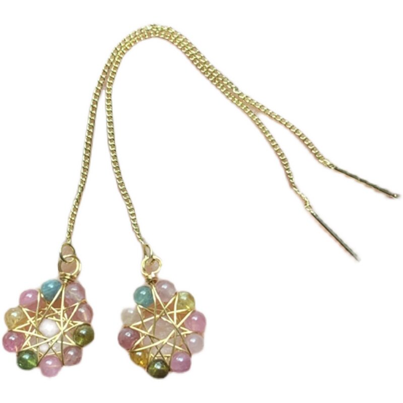 天然碧玺耳线耳饰耳坠14k包金手工编织k68耳线