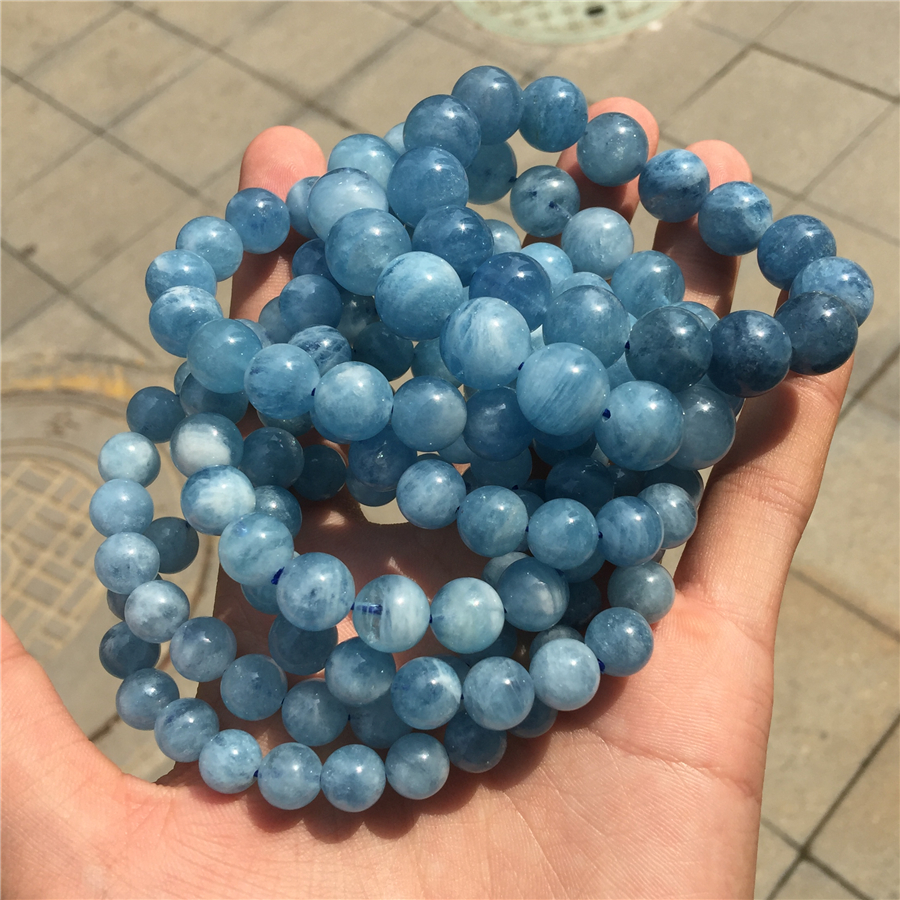 天然海蓝宝手链 女 单圈佛珠手串蓝色水晶玉石圆珠女款饰品