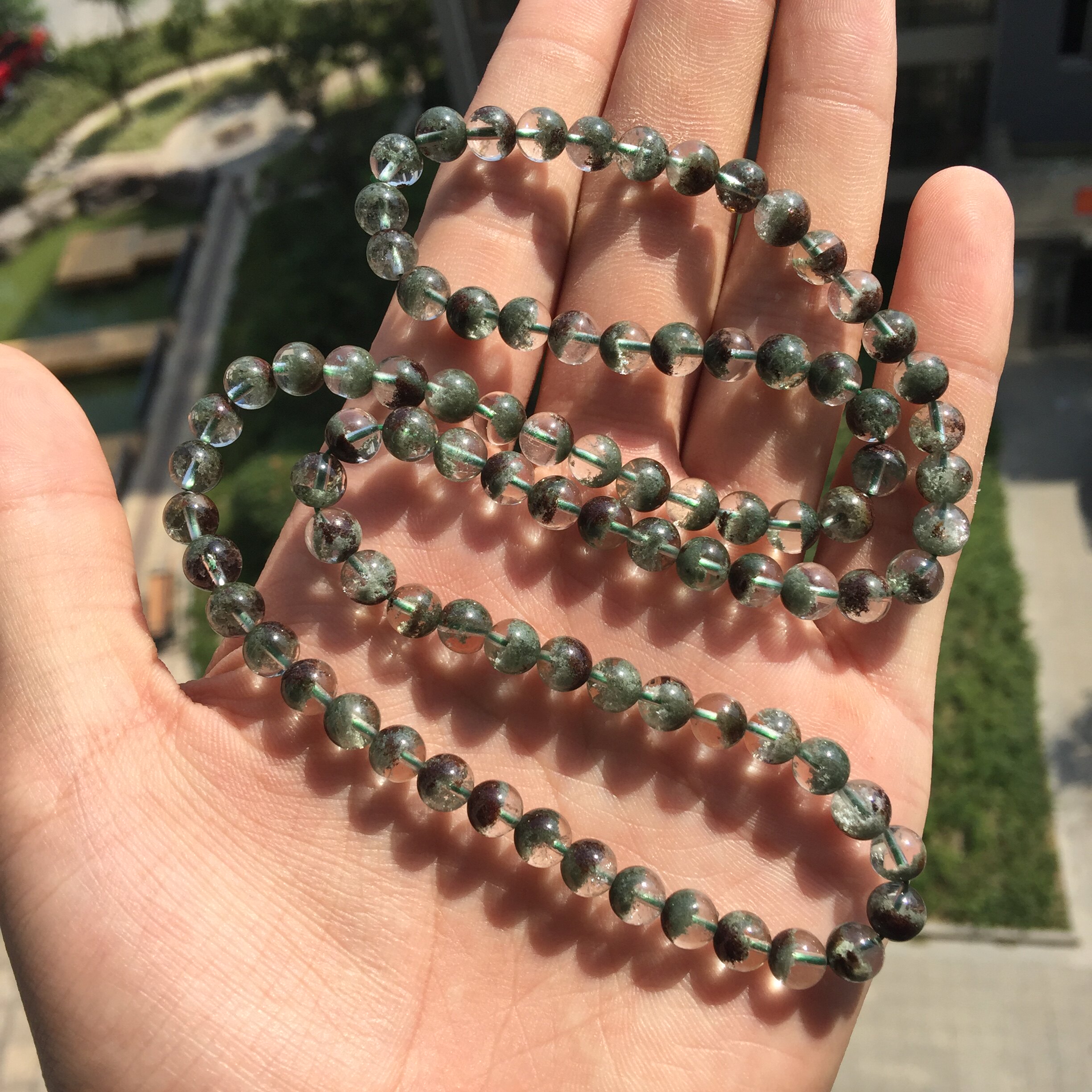 结缘特惠天然绿幽灵手链女 多层多圈 聚宝盆效应 三圈佛珠手串