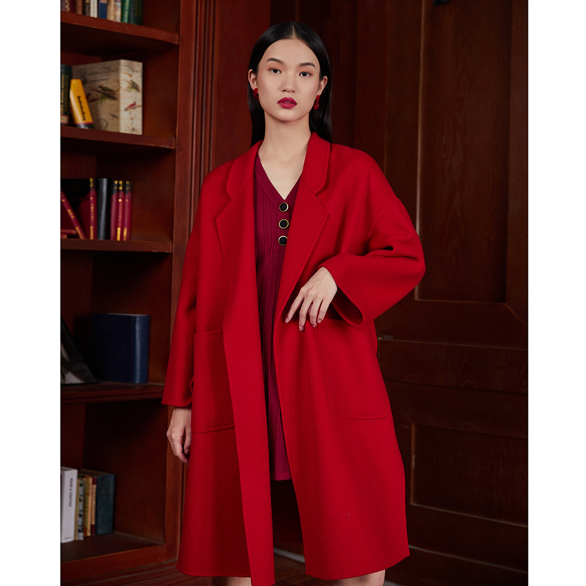 inout红色双面羊绒大衣新款高端结婚羊毛毛呢毛呢外套