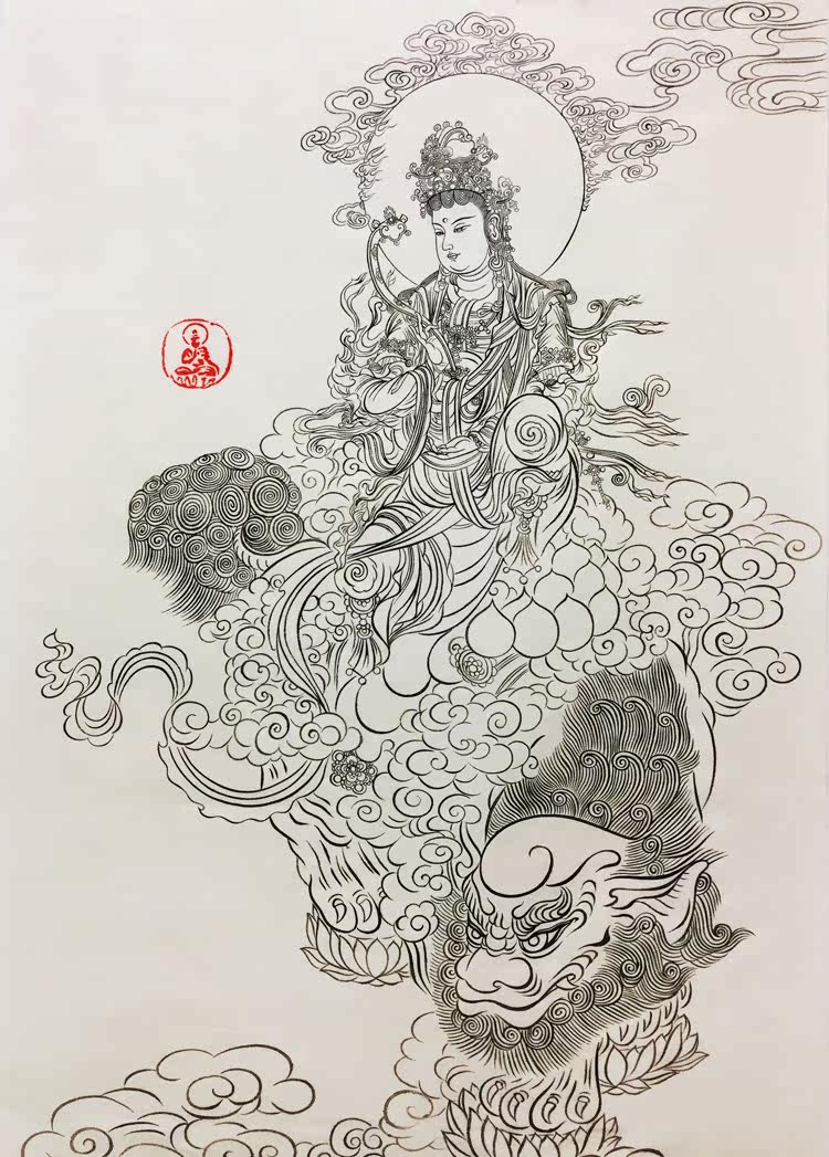 国画线描人物佛像摩尼释迦菩萨手绘观王菩萨贤地国画
