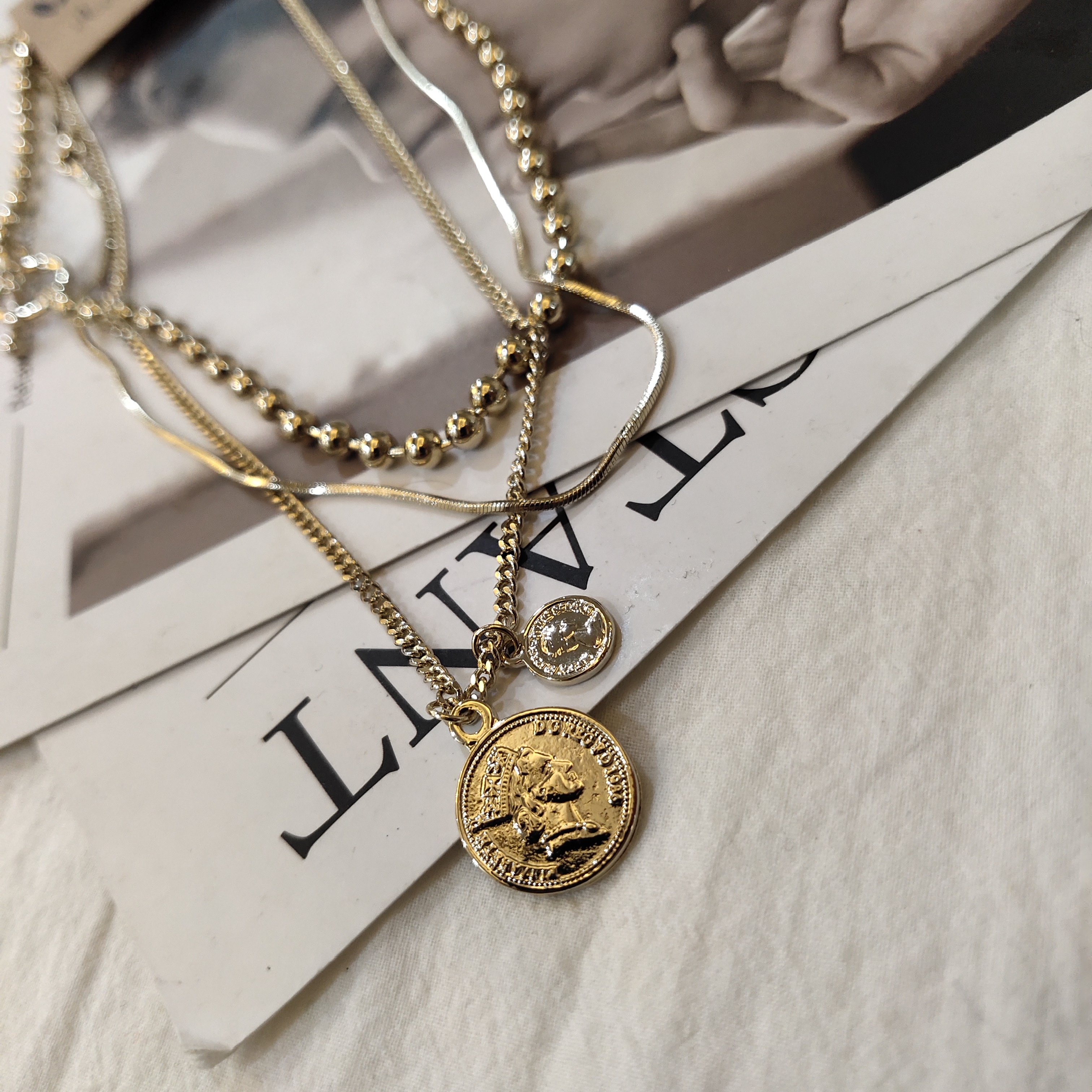 jinmuke韩国进口东大门时尚首饰复古气质多层头像项链