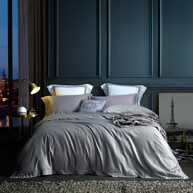 lovo乐蜗罗莱家纺全棉四件件套长绒简约60支灰色床品套件