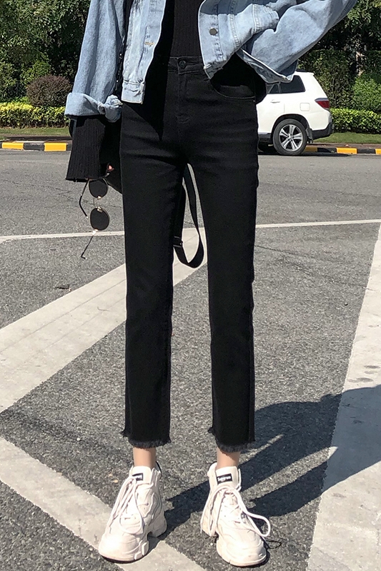 黑色直筒牛仔裤女2022春夏新款高腰显瘦阔腿宽松弹力九分cec裤子