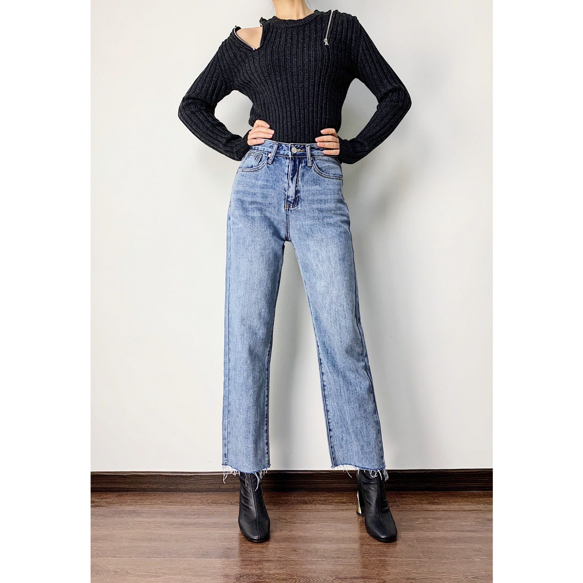 rugosa复古牛仔裤做旧磨边直筒长裤微喇阔腿高腰牛仔裤