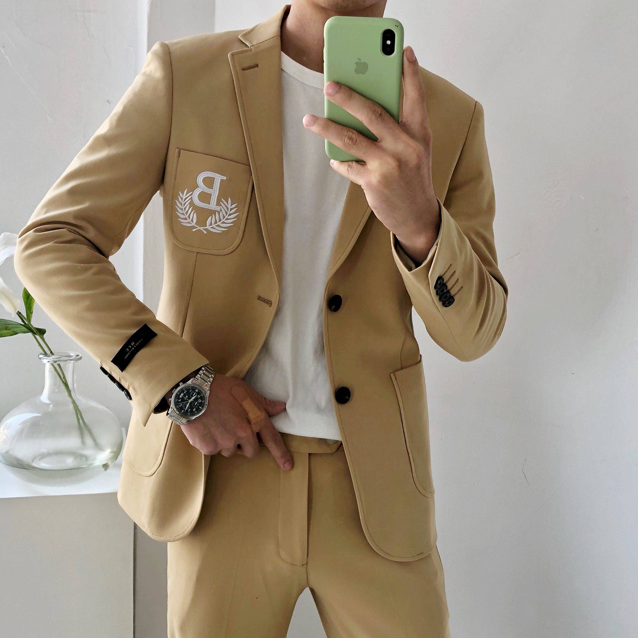 休闲韩国刺绣徽章西装套装男士韩版修身英伦西服套装