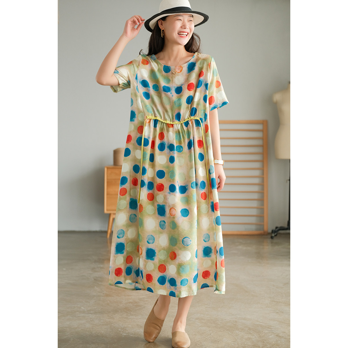 小耳出品复古佛系美上上身优雅系带天丝丝棉连衣裙