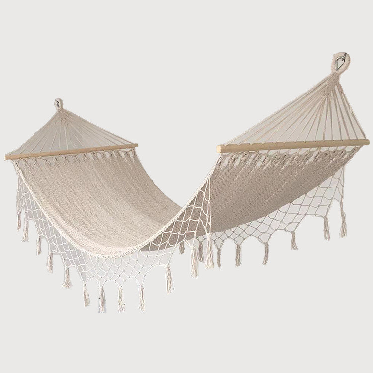吊床防侧户外公园野营双人木棒棉绳编织流苏吊床