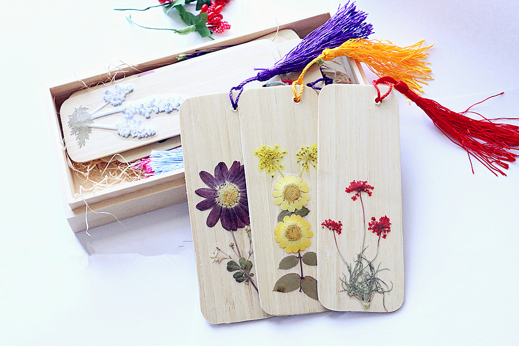 植物干花真花木质书签盒装原木天然手工流苏书签
