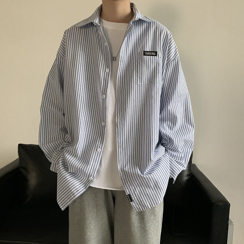 条纹长袖衬衫男生秋季宽松日系复古休闲上衣ins潮牌百搭衬衣外套