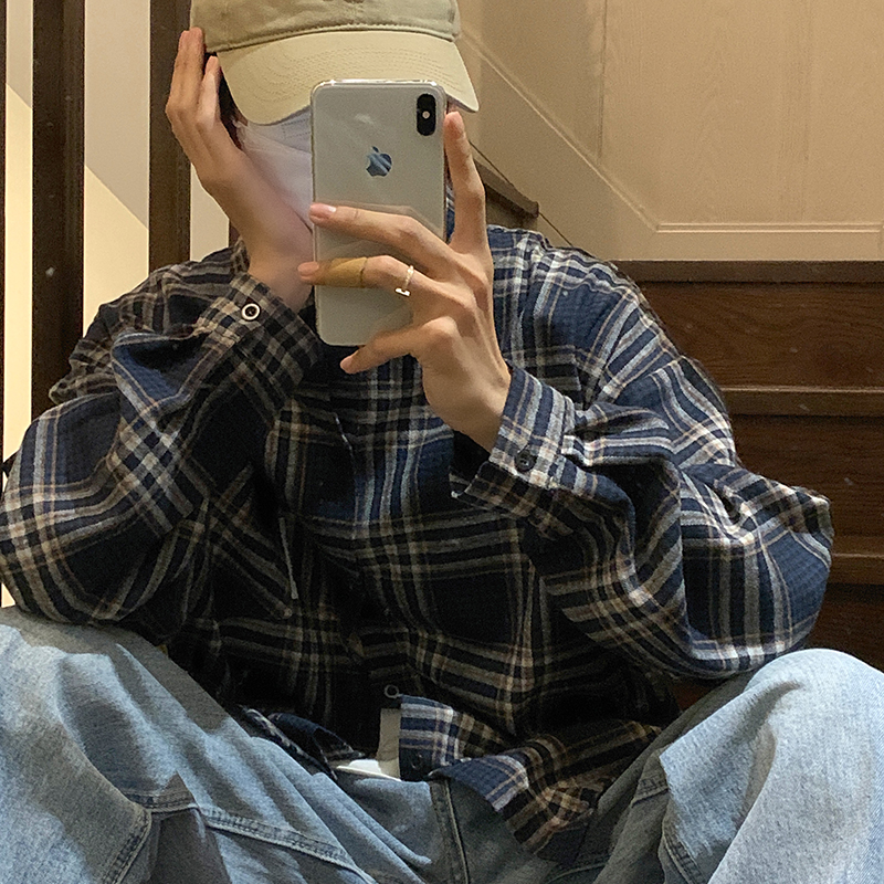 @港仔文艺男 格子长袖衬衫春季日系复古港风衬衣潮流宽松痞帅外套