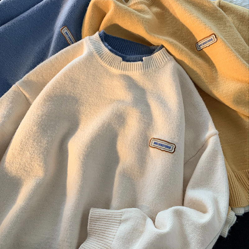 @港仔文艺男 假两件白色毛衣秋季ins韩版潮流宽松慵懒风针织衫潮