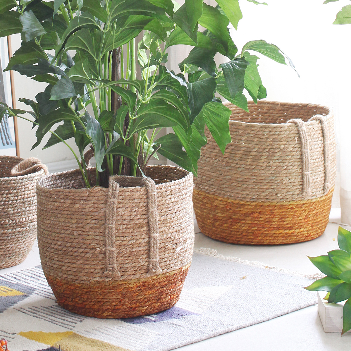 西西里美式乡村手工编织彩色草编花篮浪漫质朴花篮