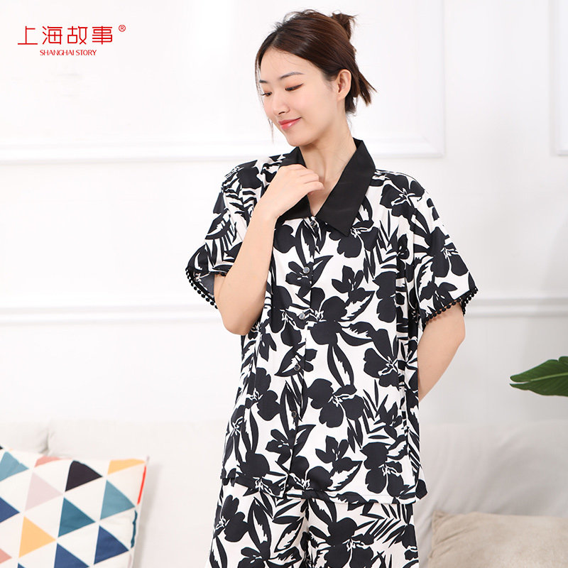 上海故事睡衣复古印花家居服套装冰丝性感时尚短袖睡衣
