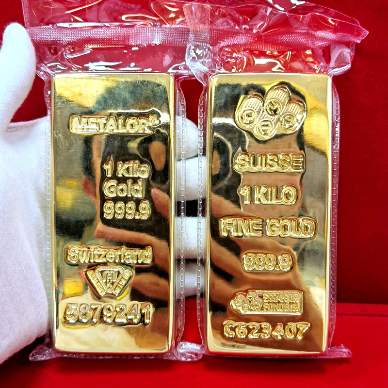 金砖金条瑞士1000克足重纯铜镀金银行仿真黄金装饰摆件