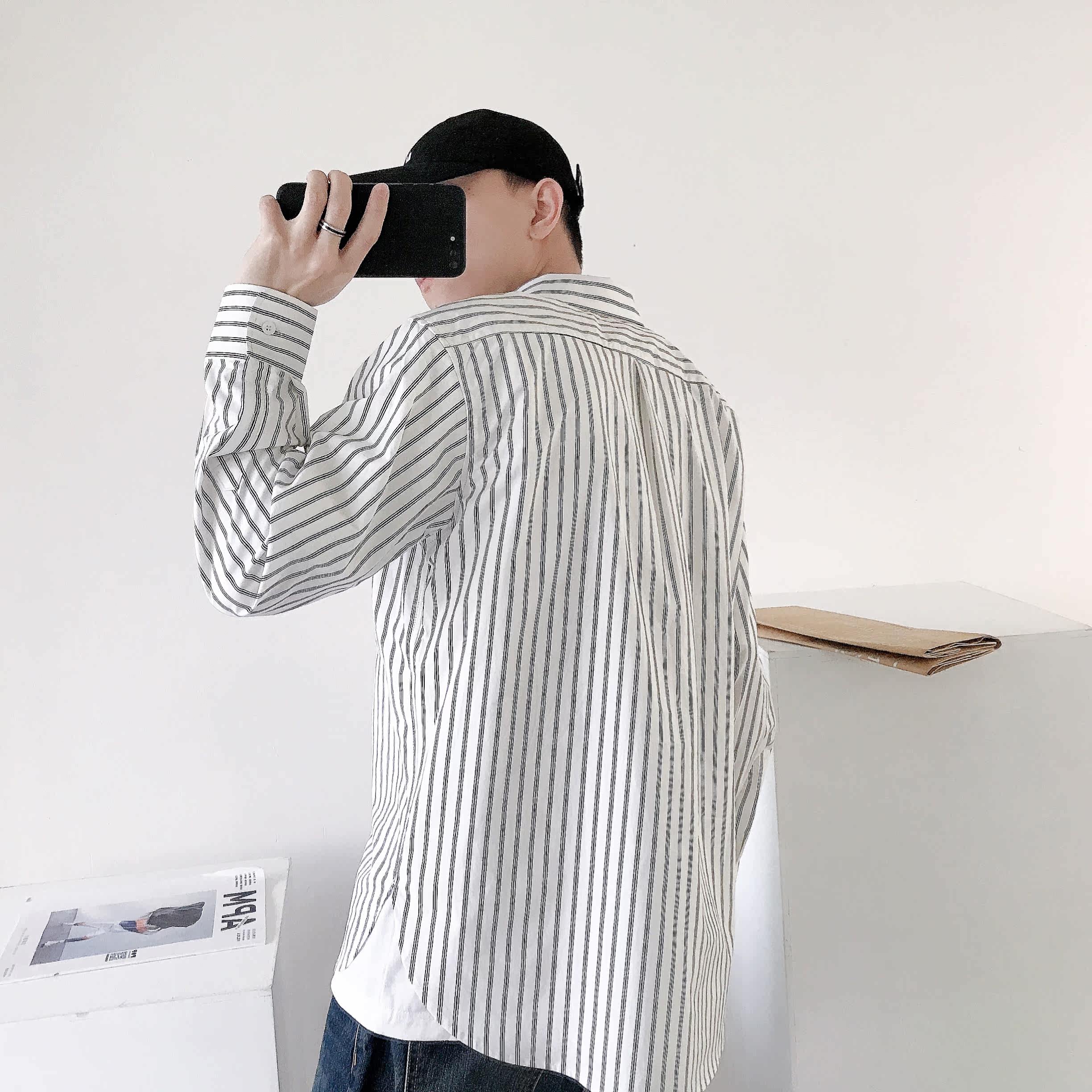 yomotrendy宽松衬衫男套头韩国春季新品细条纹简约百搭衬衣外套潮