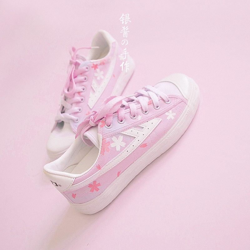 回力爆改樱花帆布布鞋粉色紫色渐变日系公主帆布鞋