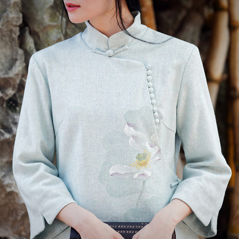 佛笑缘之唯心净土经典中式秋冬外套羊毛手绘荷花立领禅茶服女上衣