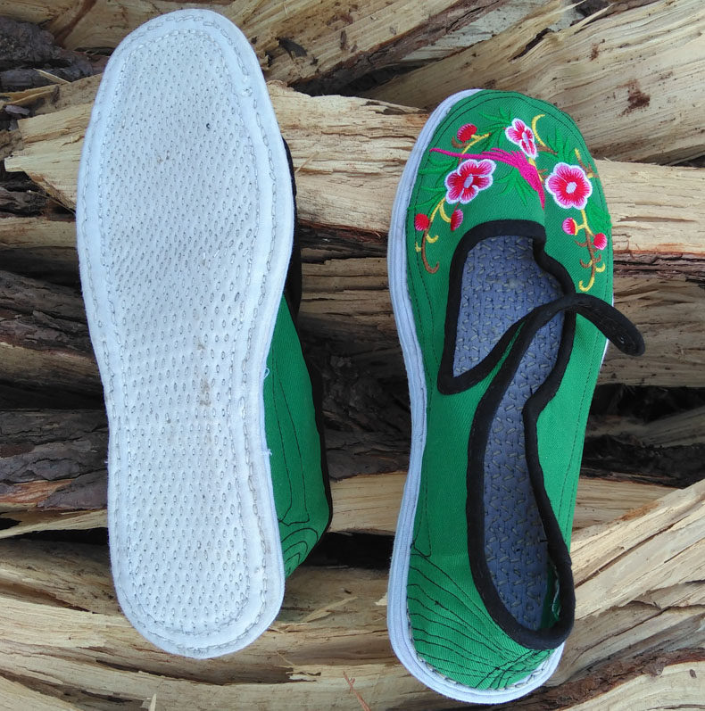 中国国风老式布鞋手工一字女鞋千层底手绿色布鞋