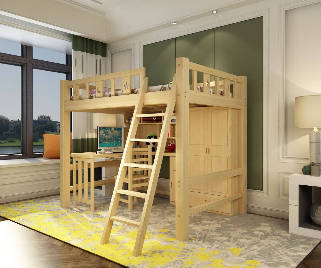高低床带书桌实木衣柜床儿童床上下铺双层床多功能组合床上床下桌-来