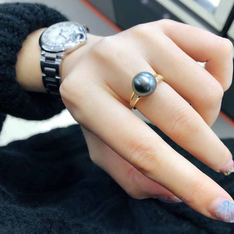 大溪海水黑珍珠戒指指环10-11正圆正品强光黑色手饰