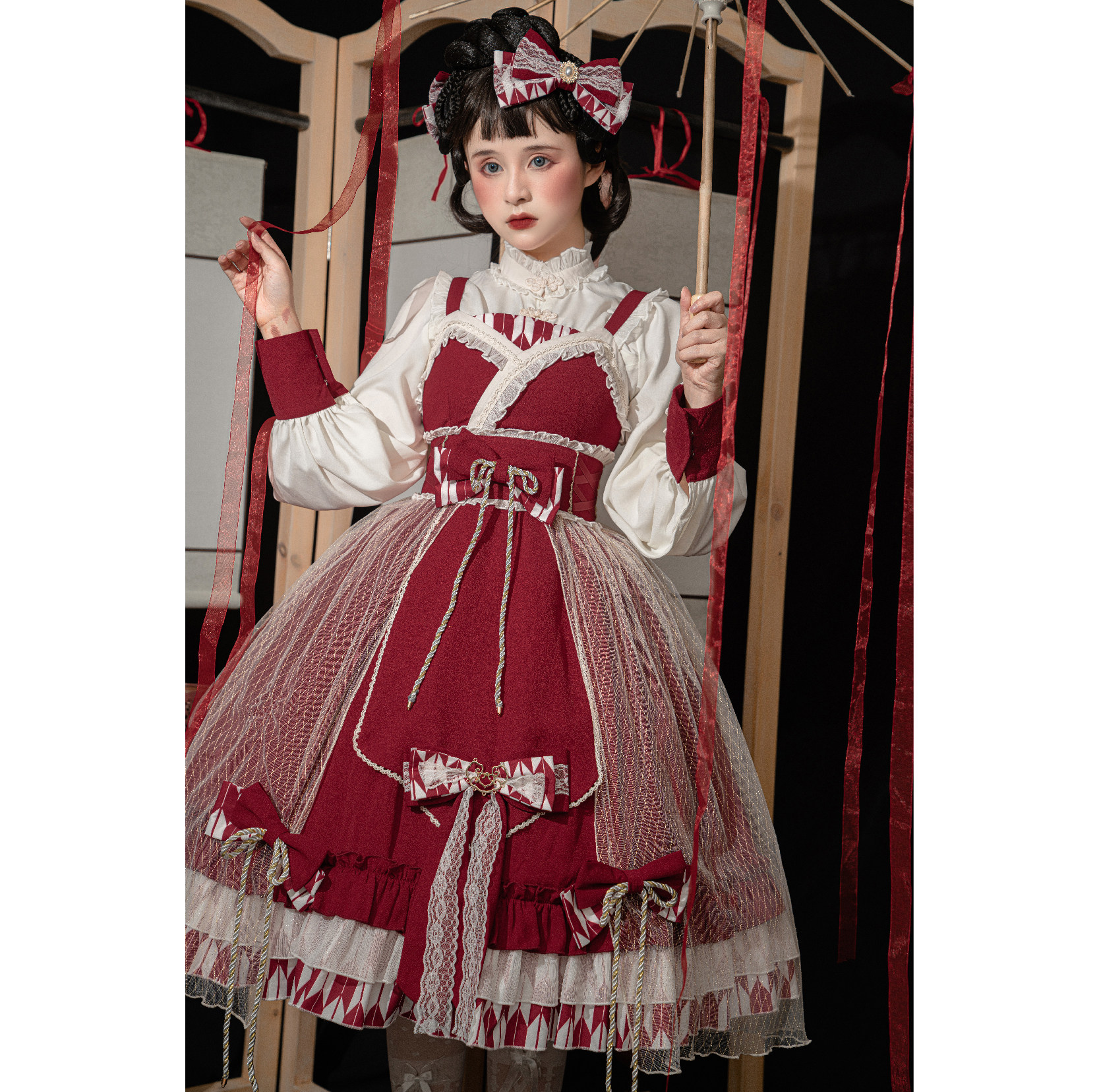 现货原创中华风lolita束腰裙摆连衣裙帅气酒红湖蓝时尚套装