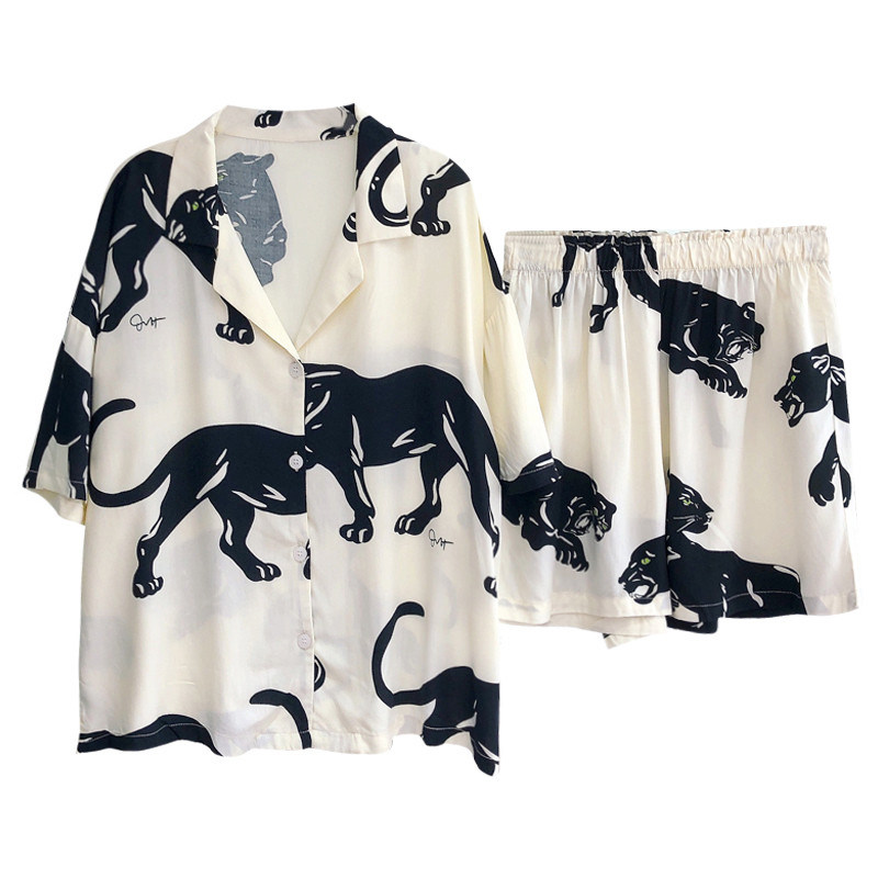 欧美风豹子翻领睡衣夏季纯棉短袖短裤长裤贡缎睡衣