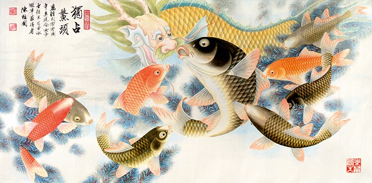 国画龙王鲤鱼锦鲤鳌头独占墙纸鱼跃龙门壁纸背景布中式pvc墙纸