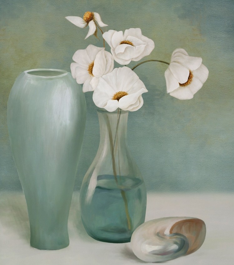 油画白色花卉花瓶静物墙纸欧式壁纸现代简约墙布pvc墙纸