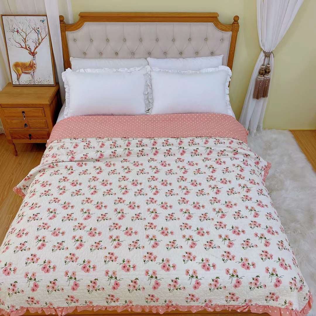 高品质韩国床盖菲边纯棉绗缝斜纹砂洗衍缝田园床盖