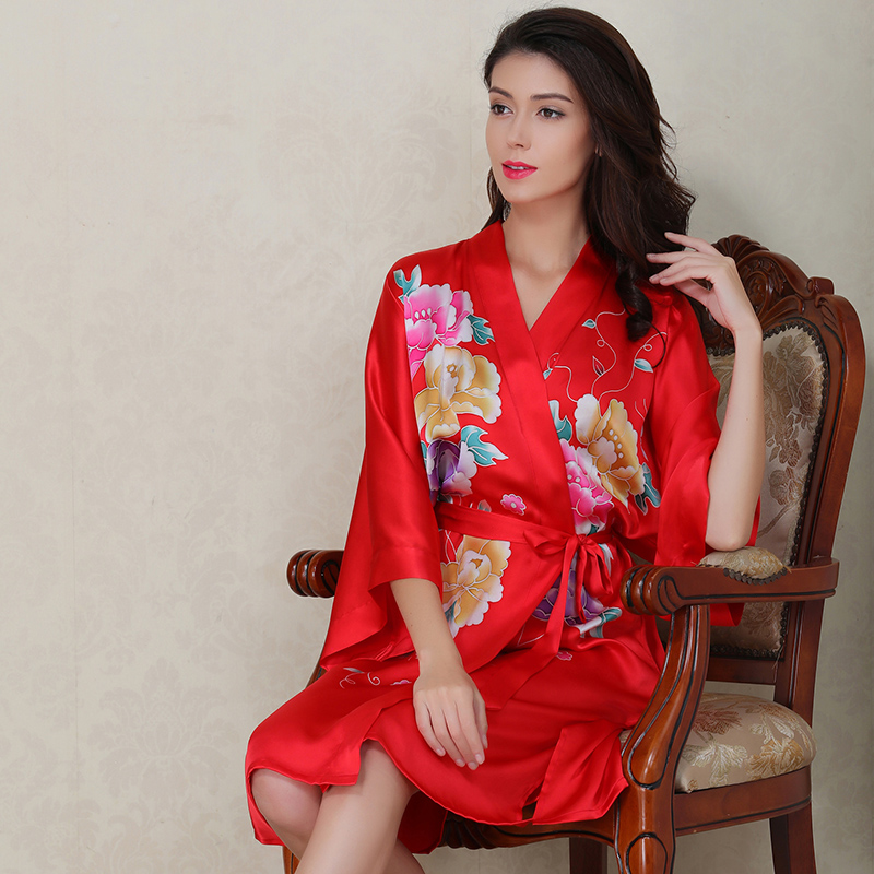 苏州丝绸桑蚕丝女睡衣外穿真丝睡裙宽松真丝睡袍大红牡丹开袍 - 价格