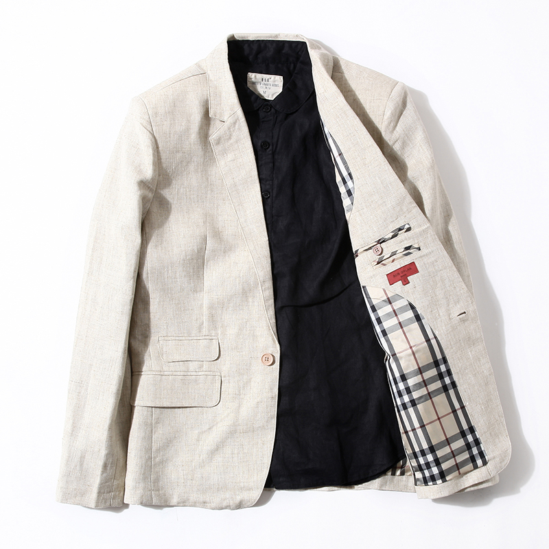 卡其双开叉春秋亚麻西装男英伦风长袖修身外搭单西上衣外套tb1004