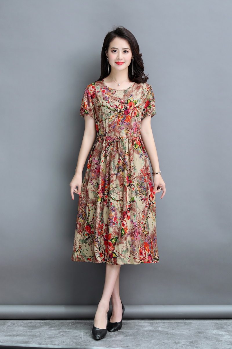 中年夏季短袖大码绵绸连衣裙女士收腰显瘦棉裙连衣裙
