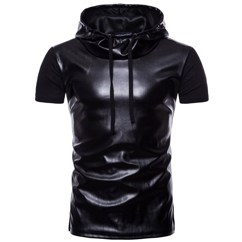 薄皮衣拼接2022潮流个性春夏男士短袖T恤连帽打底衫内搭外穿上衣