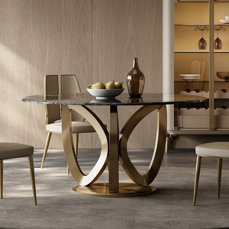 魅力大师天然奢石餐桌圆形高档别墅饭桌带转盘家用大理石餐桌圆桌