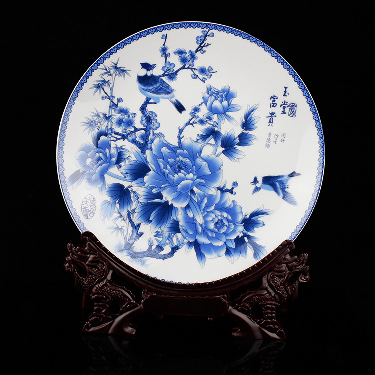 包邮景德镇陶瓷器中式青花瓷牡丹花挂盘居家装饰工艺品摆件花瓶