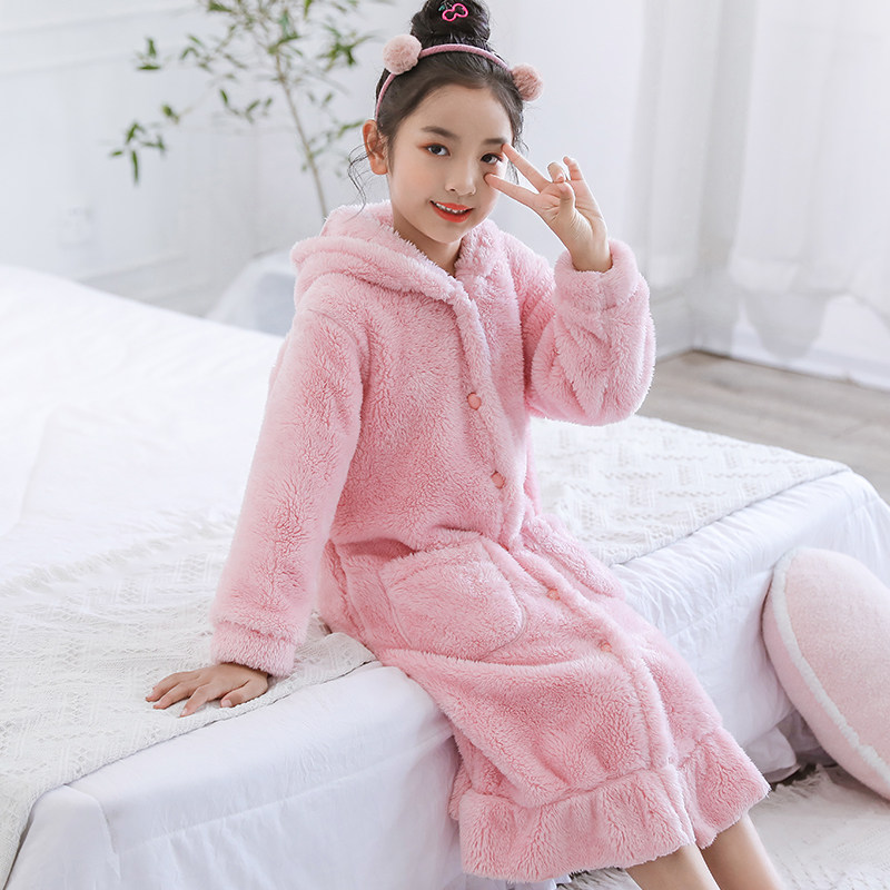 儿童睡袍女童睡裙秋冬法兰绒冬季珊瑚瑚绒长袖家居袍
