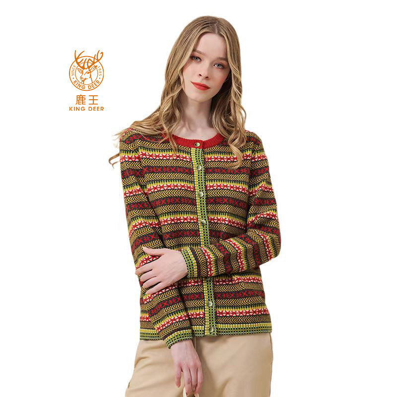 鹿王羊绒开衫女圆领长袖条纹单排宽松针织2022年羊绒衫