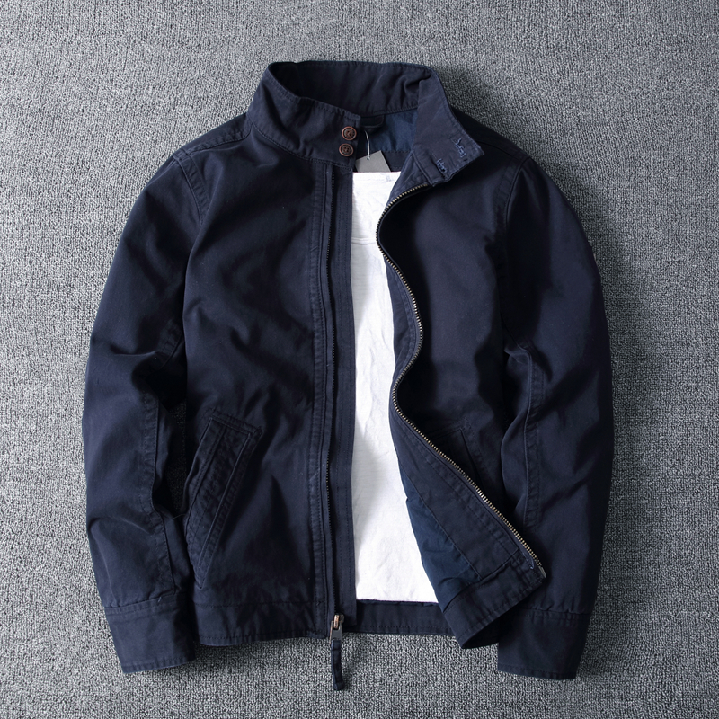 春秋冬男潮牌时尚简约做旧纯棉纯色厚实短款修身立领休闲夹克外套