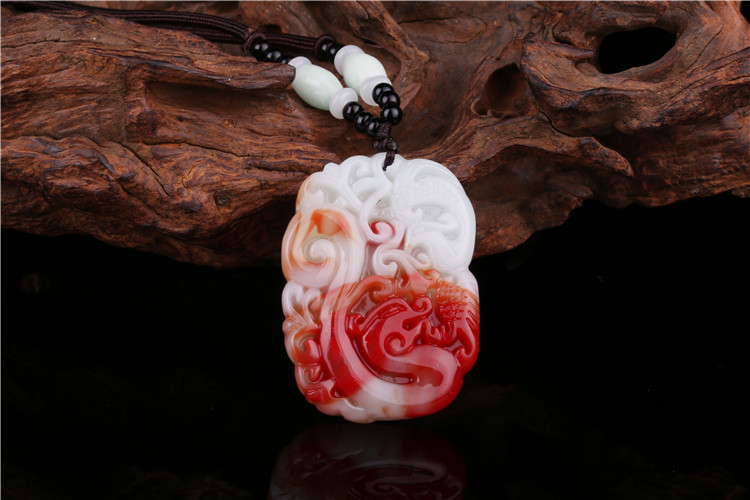 天然新疆和田玉彩玉白红龙凤挂件 男女款仿古龙凤玉佩吊坠颈饰