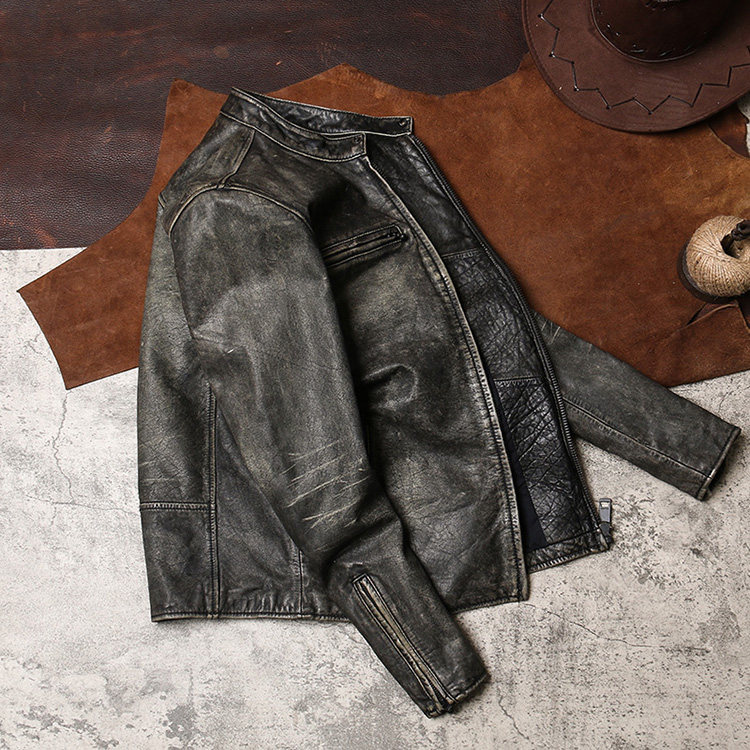 j100真皮皮衣 立领复古做旧机车款皮夹克 男士修身头层水牛皮外套