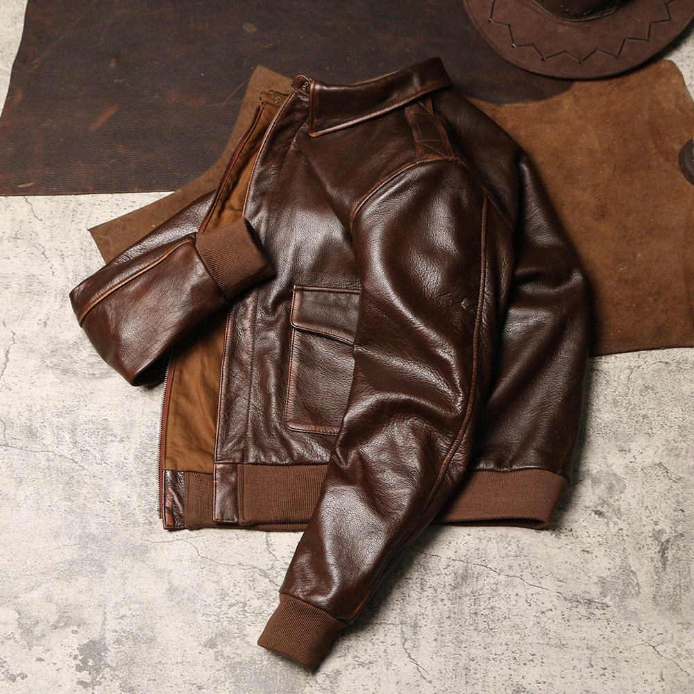 复古擦色a2空军皮夹克男士真皮飞行员皮衣翻领皮衣